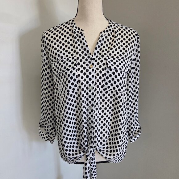 Investments Tops - Black and White Button Down Shirt Medium Polka Dot Blouse Top 3/4 Sleeves Knot